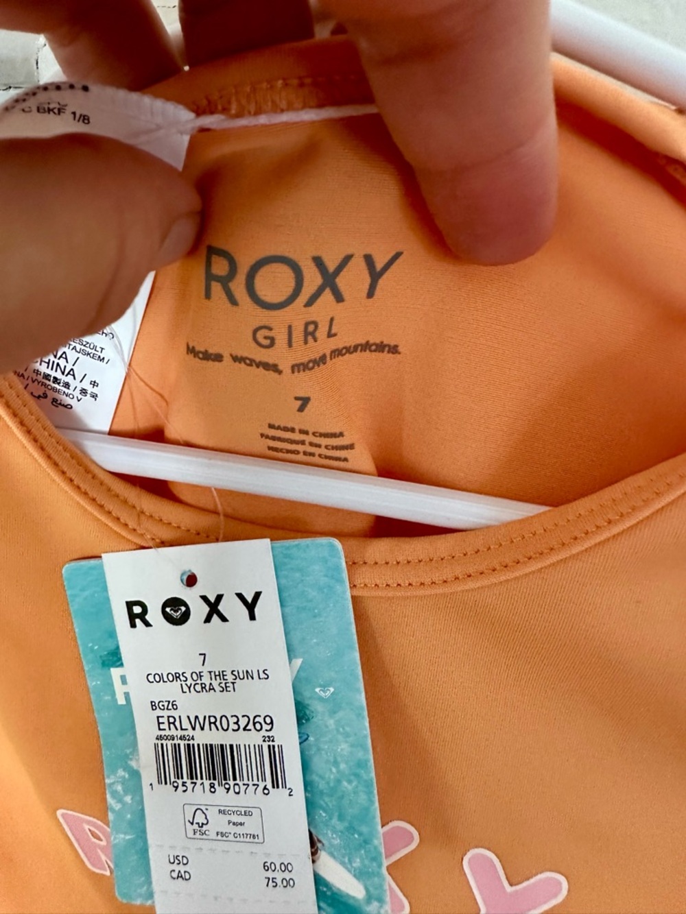 Roxy Girl Orange Long-Sleeve Rashguard with Multicolor Striped Sleeves & bottom - Picture 3 of 4